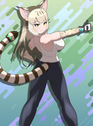 Rule 34 | 1girl, absurdres, animal ears, back, cat ears, cat girl, cat tail, elbow gloves, extra ears, gloves, green background, green eyes, grey hair, highres, jungle cat (kemono friends), kemono friends, kemono friends v project, long hair, looking at viewer, looking back, pants, rest in muni, ribbon, simple background, solo, tail, tank top, virtual youtuber