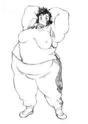 Rule 34 | 1boy, arms up, black hair, fat, fat man, full body, lineart, looking at viewer, male focus, obese, simple background, solo, standing, tanuma yuuichirou, white background