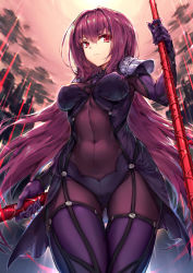 Rule 34 | 1girl, armor, bodysuit, breasts, cloud, cloudy sky, covered navel, dual wielding, fate/grand order, fate (series), from below, gae bolg (fate), gluteal fold, gou (ga673899), hair between eyes, haoni, holding, light beam, long hair, looking at viewer, medium breasts, pauldrons, perky breasts, polearm, purple hair, red eyes, red sky, scathach (fate), shoulder armor, skin tight, sky, solo, spear, thigh gap, thighs, very long hair, weapon