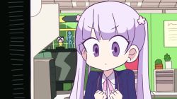 Rule 34 | 1girl, blue jacket, clenched hands, closed mouth, collared shirt, commentary request, cropped torso, dress shirt, flower, formal, hair flower, hair ornament, hairclip, highres, jacket, light purple hair, long hair, long sleeves, neck ribbon, new game!, office, pink ribbon, purple eyes, ribbon, shirt, si ki so, solo, suzukaze aoba, twintails, upper body, white shirt