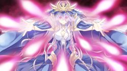 Rule 34 | 10s, 1girl, bare shoulders, beam, blonde hair, blue dress, braid, breasts, cape, cleavage, date a live, dress, energy beam, game cg, hat, headpiece, long hair, looking at viewer, outstretched arms, purple hair, red eyes, solo, sonogami rinne, spread fingers, tiara, tsunako, twin braids, veil