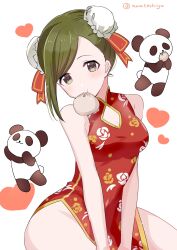 Rule 34 | 1girl, baozi, bare shoulders, between legs, blush, breasts, bun cover, china dress, chinese clothes, cleavage, cleavage cutout, clothing cutout, dot nose, double bun, dress, floral print, food, green eyes, green hair, hair bun, hair ribbon, hand between legs, heart, highres, idolmaster, idolmaster shiny colors, large breasts, long hair, looking at viewer, medium breasts, mouth hold, nanakusa hazuki, panda, pipi o (pipioo08), red dress, red ribbon, ribbon, side slit, simple background, sitting, sleeveless, sleeveless dress, smile, solo, twitter username, upper body, white background