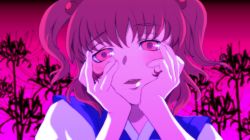 Rule 34 | 1girl, blush, female focus, gradient background, hands on own cheeks, hands on own face, looking at viewer, onozuka komachi, pink eyes, red hair, sawara (starligtvision), solo, teeth, touhou, yandere trance