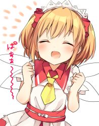 Rule 34 | 1girl, ^ ^, blonde hair, blouse, blush, bow, clenched hands, closed eyes, commentary request, facing viewer, fairy wings, fang, frilled shirt collar, frills, hair bow, hands up, headdress, highres, karasusou nano, necktie, open mouth, red bow, red sash, red skirt, sash, shirt, short hair, short sleeves, simple background, skirt, solo, split mouth, sunny milk, touhou, translation request, two side up, upper body, white background, white shirt, wings, yellow necktie