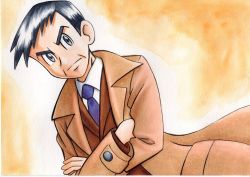 Rule 34 | 1boy, black hair, brown coat, brown jacket, buttons, closed mouth, coat, collared shirt, commentary request, creatures (company), crossed arms, frown, furrowed brow, game freak, grey eyes, highres, jacket, long sleeves, looker (pokemon), male focus, necktie, nintendo, oka mochi, open clothes, open coat, orange background, pokemon, pokemon dppt, purple necktie, shirt, short hair, solo, traditional media, upper body, white shirt