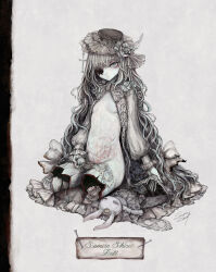 Rule 34 | 1girl, amputee, breasts, cross, doll, doll joints, double amputee, dress, expressionless, eyeball, flower, goth fashion, grey eyes, grey hair, hat, highres, holding eyeball, joints, lace, long hair, looking at viewer, one-eyed, open clothes, open dress, original, pale skin, sitting, small breasts, solo, stuffed animal, stuffed rabbit, stuffed toy, sumire shisei, very long hair