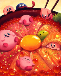 Rule 34 | :d, absurdres, artist name, blush, blush stickers, chopsticks, closed eyes, closed mouth, commentary request, donburi, drooling, eating, egg yolk, fish (food), food, full body, gooey (kirby), highres, ikura (food), in food, kirby, kirby (series), leaf, long tongue, lying, nintendo, no humans, on back, open mouth, roe, sashimi, sitting, smile, star (symbol), suyasuyabi, tamagokake gohan, tongue, tongue out, twitter username, zebon