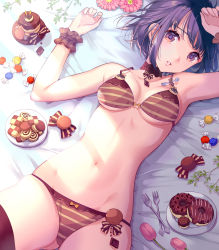Rule 34 | 1girl, arm up, armpits, bare shoulders, bed sheet, bow, bra, breasts, brown bow, brown bra, brown eyes, brown panties, brown thighhighs, candy wrapper, checkerboard cookie, collarbone, commentary request, cookie, doughnut, dutch angle, fingernails, flower, food, fork, hand up, looking at viewer, lying, medium breasts, navel, nishimura eri, on back, original, panties, parted lips, pink flower, purple eyes, saucer, short hair, solo, striped bow, striped bra, striped clothes, striped panties, sweets, sweets lingerie, thighhighs, underwear, underwear only, wrist cuffs