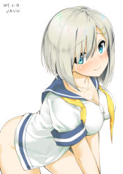 Rule 34 | 10s, 1girl, 2017, blue eyes, bottomless, breasts, buttons, cleavage, closed mouth, collarbone, cowboy shot, dated, hair ornament, hair over one eye, hairclip, hamakaze (kancolle), kantai collection, large breasts, leaning forward, looking at viewer, mokyutan, neckerchief, sailor collar, school uniform, serafuku, shirt, short hair, short sleeves, silver hair, sleeve cuffs, smile, solo, standing, thighs, undone neckerchief, white shirt, yellow neckerchief