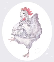 Rule 34 | 1girl, ascot, bird girl, bird legs, bird tail, bird wings, black eyes, bow, bowtie, chicken girl, colored skin, expressionless, feathered wings, feathers, fewer digits, from side, grey background, hair bow, highres, hoshi rousoku, leg up, long hair, looking at viewer, monster girl, original, red bow, red bowtie, simple background, skirt hold, solo, tail, taur, two-tone background, white ascot, white background, white hair, white skin, wings