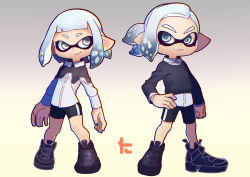 Rule 34 | 1boy, 1girl, artist name, bike shorts, black footwear, black shorts, black sweater, blunt bangs, closed mouth, commentary, coula cat, dress shirt, frown, gradient background, grey eyes, grey hair, highres, inkling, inkling boy, inkling girl, inkling player character, long sleeves, looking at viewer, multicolored shirt, nintendo, pointy ears, shirt, shoes, short hair, short ponytail, shorts, signature, single vertical stripe, smirk, splatoon (series), splatoon 2, standing, sweater, tentacle hair