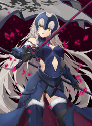 Rule 34 | 1girl, absurdres, armor, armored dress, banner, black footwear, black gloves, black panties, black thighhighs, blue dress, boots, breasts, chain, cleavage, cleavage cutout, clothing cutout, cowboy shot, dress, elbow gloves, fate/grand order, fate (series), fei er, floating hair, fur trim, gloves, highres, holding, holding sword, holding weapon, jeanne d&#039;arc (fate), jeanne d&#039;arc alter (avenger) (fate), jeanne d&#039;arc alter (avenger) (third ascension) (fate), jeanne d&#039;arc alter (fate), large breasts, long hair, navel cutout, panties, shiny clothes, signature, silver hair, sleeveless, sleeveless dress, solo, standing, sword, thigh boots, thighhighs, underwear, very long hair, weapon, yellow eyes