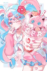 Rule 34 | 1girl, absurdres, berry (pokemon), blue bow, blue eyes, blue hair, blue skirt, blush, border, bow, breasts, choker, clefairy sprite (pokemon), cleffa, collarbone, colored eyelashes, commentary, creatures (company), curly hair, drinking straw, fairy miku (project voltage), fingernails, flower, food, fossil sprite (pokemon), fruit, game freak, gen 1 pokemon, gen 2 pokemon, gen 6 pokemon, hair flower, hair ornament, hairclip, hatsune miku, heart, heart choker, heart in eye, highres, jigglypuff, jizo 3x357, large breasts, leaning forward, light blue hair, long fingernails, long hair, long sleeves, looking at viewer, love ball, multicolored hair, nail art, nail polish, neckerchief, nintendo, one eye closed, pillow, pink choker, pink eyes, pink hair, pink nails, pleated skirt, poke ball, poke ball hair ornament, pokemon, project voltage, red flower, skirt, sleeves past wrists, solo, strawberry, striped, striped background, swirlix, symbol in eye, twintails, twitter username, two-tone hair, vocaloid, whipped cream, white border, white neckerchief
