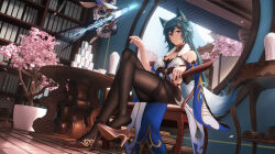 Rule 34 | 1girl, animal ears, aqua hair, architecture, bare shoulders, black pantyhose, blue sky, blush, breasts, chair, cherry blossoms, crossed legs, east asian architecture, feet, fox ears, fox girl, fox tail, full body, hair between eyes, high heels, highres, honkai: star rail, honkai (series), indoors, large breasts, legs, ling dianxia, long hair, looking at viewer, mahjong, mahjong tile, medium breasts, pantyhose, plant, potted plant, purple eyes, shoe dangle, sitting, skindentation, sky, solo, table, tail, waist cutout, yukong (honkai: star rail)