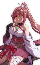 Rule 34 | 1girl, bare shoulders, black gloves, blush, bow, breasts, brown eyes, chest jewel, cleavage, closed mouth, collarbone, core crystal (xenoblade), criss-cross halter, detached sleeves, elbow gloves, foot out of frame, glimmer (xenoblade), gloves, hairband, halterneck, hand up, high ponytail, highres, japanese clothes, kayama kenji, kimono, large breasts, long hair, looking at viewer, obi, pouch, red bow, red hair, red hairband, sandals, sash, shadow, sidelocks, simple background, sitting, solo, swept bangs, tabi, thigh pouch, thighs, two-tone hairband, wariza, white background, white hairband, white kimono, wide sleeves, xenoblade chronicles (series), xenoblade chronicles 3, xenoblade chronicles 3: future redeemed, zouri