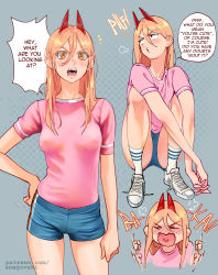 Rule 34 | 1girl, angry, artist name, blonde hair, blue shorts, blush, breasts, chainsaw man, commentary, contrapposto, covered erect nipples, english commentary, english text, grey background, hand on own hip, highres, horns, looking at viewer, looking to the side, medium breasts, no bra, pink shirt, power (chainsaw man), sharp teeth, shirt, short shorts, shorts, slit pupils, snegovski, socks, solo, squatting, teeth, tongue, tongue out, untied footwear, watermark, web address, white socks, yellow eyes