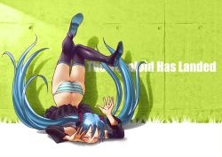 Rule 34 | 1girl, :&gt;, accident, aqua hair, ass, boots, butt crack, detached sleeves, dimples of venus, english text, faceplant, fallen down, full body, hatsune miku, legs, palms, panties, pantyshot, skirt, solo, striped clothes, striped panties, thighhighs, top-down bottom-up, twintails, underwear, upskirt, vocaloid, wokada