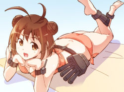 Rule 34 | 10s, 1girl, :d, antenna hair, ass, barefoot, bikini, breasts, brown eyes, brown hair, head rest, double bun, e20, kantai collection, legs up, lying, naka (kancolle), on stomach, open mouth, personification, short hair, smile, solo, swimsuit, the pose