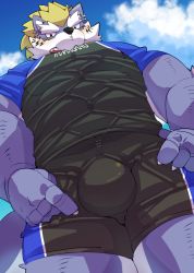 Rule 34 | 1boy, animal ears, baishen (shi rosaru675), bara, blonde hair, blue eyes, blue fur, blush, bondage under clothes, bulge, feet out of frame, fenrir (housamo), fingernails, forked eyebrows, from below, furry, furry male, male focus, mohawk, muscular, muscular male, pectorals, sharp fingernails, shibari, shibari under clothes, short hair, solo, swimsuit, tail, thick eyebrows, thick thighs, thighs, tokyo houkago summoners, two-tone fur, white fur, wolf boy, wolf ears, wolf tail