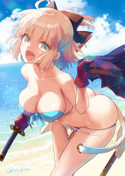 Rule 34 | 1girl, alternate costume, ass, bad id, bad pixiv id, beach, bent over, bikini, black ribbon, blue bikini, bow, breasts, butt crack, cleavage, collarbone, commentary request, contemporary, day, fate/grand order, fate (series), hair between eyes, hair bow, holding, holding weapon, katana, koha-ace, medium breasts, midriff, nichiru, off shoulder, okita souji (fate), okita souji (koha-ace), open mouth, outdoors, ribbon, sheath, shore, short hair, short ponytail, solo, stomach, strapless, strapless bikini, swimsuit, sword, thighs, twitter username, wardrobe malfunction, weapon