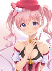 Rule 34 | 1girl, bare shoulders, beret, blush, breasts, cleavage, cleavage cutout, closed mouth, clothing cutout, collarbone, commentary request, detached sleeves, dress, finger to mouth, hair between eyes, hand up, hat, heart cutout, highres, k mugura, long hair, medium breasts, pink dress, pink hair, princess connect!, puffy short sleeves, puffy sleeves, purple eyes, red hat, short sleeves, sidelocks, sleeveless, sleeveless dress, solo, tsumugi (princess connect!), twintails, upper body, very long hair, white sleeves
