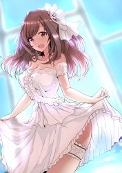 Rule 34 | 1girl, bare shoulders, blush, bow, breasts, bridal garter, bride, brown eyes, brown hair, cleavage, collarbone, commentary request, cowboy shot, dress, hair bow, highres, idolmaster, idolmaster shiny colors, large breasts, long hair, looking at viewer, open mouth, ponytail, sketch, skirt hold, smile, solo, tsukioka kogane, upanishi mariko, wedding dress, white dress