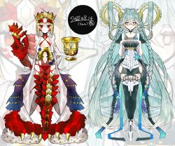 Rule 34 | 2girls, absurdly long hair, aged down, armored legwear, artist request, bikini, braid, chalice, crown, crown braid, cup, curled horns, dragon claw, dragon tail, dress, evil smile, fate/grand order, fate/grand order arcade, fate (series), full body, chalice, hair on horn, highres, horns, larva tiamat (fate), long hair, long horns, looking at viewer, multiple girls, navel, nero claudius (fate), nero claudius (fate) (all), pointy ears, queen draco (fate), queen draco (second ascension) (fate), red bikini, ribbed dress, slingshot swimsuit, smile, strap gap, swimsuit, symbol-shaped pupils, tail, tiamat (fate), very long hair, x x