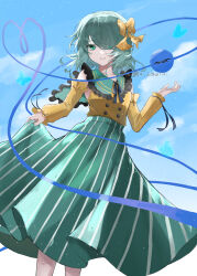 Rule 34 | 1girl, blue sky, bow, buttons, cloud, commentary request, detached sleeves, green eyes, green hair, green skirt, hair bow, hair over one eye, heart, heart of string, highres, komeiji koishi, kuro wa shinoru, looking at viewer, outdoors, parted lips, shirt, short hair, skirt, sky, solo, striped clothes, striped skirt, third eye, touhou, twitter username, vertical-striped clothes, vertical-striped skirt, yellow bow, yellow shirt