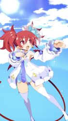 Rule 34 | 1girl, alternate costume, asymmetrical footwear, blue footwear, bow, demon girl, demon tail, demon wings, detached collar, detached sleeves, disgaea, disgaea rpg, dress, earrings, etna (disgaea), flat chest, full body, hair bow, highres, jewelry, layered sleeves, long hair, mismatched footwear, open mouth, popped collar, red eyes, red hair, saint etna, short dress, simple background, slit pupils, solo, strapless, strapless dress, tail, thighhighs, twintails, white background, white thighhighs, wings