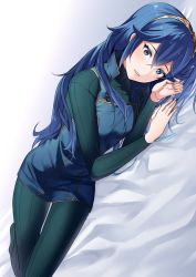 Rule 34 | 1girl, ameno (a meno0), blue eyes, blue hair, breasts, fire emblem, fire emblem awakening, long hair, long sleeves, lucina (fire emblem), lying, nintendo, on bed, on side, open mouth, pantyhose, small breasts, smile, solo, symbol-shaped pupils, tiara, very long hair