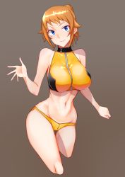 Rule 34 | 1girl, bare shoulders, baron (nsbaron), blue eyes, breasts, crop top, cropped legs, grey background, gundam, gundam build fighters, gundam build fighters try, highres, hoshino fumina, large breasts, light brown hair, midriff, narrow waist, navel, ponytail, short shorts, shorts, simple background, smile, solo