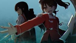 2girls akagi_(kancolle) bow_(weapon) brown_eyes brown_hair flight_deck hakama hakama_short_skirt hakama_skirt highres holding holding_bow_(weapon) holding_weapon japanese_clothes kantai_collection kariginu long_hair long_sleeves magatama multiple_girls muneate narashika_asuka onmyouji open_mouth red_hakama rigging ryuujou_(kancolle) shikigami skirt tasuki twintails very_long_hair visor_cap weapon yumi_(bow)