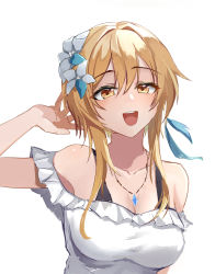 Rule 34 | 1girl, bad id, bad pixiv id, baige0, bare shoulders, blonde hair, blush, bra strap, breasts, casual, cleavage, collarbone, flower, genshin impact, hair between eyes, hair flower, hair intakes, hair ornament, hand on own head, highres, jewelry, looking at viewer, lumine (genshin impact), medium breasts, medium hair, necklace, off-shoulder shirt, off shoulder, open mouth, shirt, sidelocks, simple background, smile, solo, upper body, white background, yellow eyes