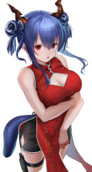 Rule 34 | 1girl, absurdres, arknights, bare arms, bare shoulders, black shorts, blue hair, breasts, ch&#039;en (ageless afterglow) (arknights), ch&#039;en (arknights), china dress, chinese clothes, cleavage, cleavage cutout, clothing cutout, commentary, double bun, dragon horns, dragon tail, dress, hair between eyes, hair bun, highres, horns, large breasts, long hair, looking at viewer, parted lips, red dress, red eyes, short shorts, shorts, simple background, sleeveless, sleeveless dress, solo, standing, sthk, tail, thigh strap, thighs, white background