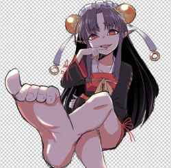 Rule 34 | 1girl, barefoot, character request, copyright request, crossed legs, fangs, feet, female focus, foreshortening, japanese clothes, kimono, mimura ryou, open mouth, parted bangs, pointy ears, purple hair, red eyes, soles, solo, toes, transparent background