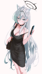 Rule 34 | 1girl, absurdres, ahoge, animal ears, black choker, black dress, blue archive, blue eyes, blue nails, blush, breasts, cellphone, choker, cleavage, closed mouth, cross hair ornament, dark halo, dongtan dress, dress, feet out of frame, fieryonion, fingernails, grey background, grey hair, hair ornament, halo, highres, holding, holding phone, large breasts, long hair, looking at viewer, meme attire, nail polish, phone, shiroko (blue archive), shiroko terror (blue archive), simple background, smartphone, solo, wolf ears