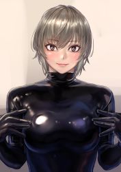 Rule 34 | 1girl, black bodysuit, black eyes, blush, bodysuit, breasts, closed mouth, commentary request, grey hair, hands on own chest, highres, kilye kairi, latex, latex bodysuit, looking at viewer, medium breasts, original, pink lips, shiny clothes, skin tight, smile, solo, upper body