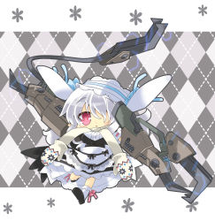 Rule 34 | 1girl, animal ears, argyle, argyle background, argyle clothes, black wings, blush, claw (weapon), fake animal ears, flower, hair over one eye, headdress, highres, long hair, maid, milkpanda, mitten, mittens, open mouth, phantasy star, phantasy star online 2, rabbit ears, red eyes, ribbon, scarf, silver hair, weapon, wings