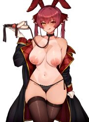 Rule 34 | 1girl, animal ears, ball gag, breasts, cleft of venus, coat, collar, cuffs, fake animal ears, gag, handcuffs, highres, hololive, houshou marine, large areolae, large breasts, leash, legs together, nipples, panties, solo, standing, tagme, tan, tanline, thighhighs, tongue, tongue out, underwear, varniskarnis, virtual youtuber, wiffle gag