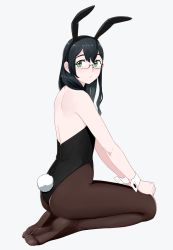 Rule 34 | 10s, 1girl, alternate costume, animal ears, black hair, rabbit ears, fake animal ears, full body, glasses, green eyes, hairband, kantai collection, long hair, looking back, ojipon, ooyodo (kancolle), pantyhose, playboy bunny, simple background, sitting, solo, white background