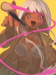 Rule 34 | 1girl, :d, bikini, breasts, commentary, danganronpa (series), danganronpa v3: killing harmony, dark-skinned female, dark skin, frilled bikini, frills, jacket, jewelry, laaaicha, long hair, looking at viewer, low twintails, medium breasts, navel, navel piercing, necklace, open mouth, paint, paintbrush, piercing, shell, shell necklace, silver hair, simple background, smile, solo, star-shaped pupils, star (symbol), swimsuit, symbol-shaped pupils, twintails, upper body, wide sleeves, yellow background, yonaga angie