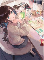 Rule 34 | 1girl, absurdres, bad id, bad pixiv id, beige sweater, black skirt, blouse, blue eyes, blue hair, blue nails, book, brown hair, calendar (object), cardigan, chair, cherry, collarbone, colored inner hair, commentary request, cup, desk, drink, drinking glass, drinking straw, food, from above, fruit, grey footwear, hands up, highres, holding, holding phone, huge filesize, ice cream, ice cream float, light rays, long sleeves, looking at viewer, magazine (object), multicolored hair, nail polish, nail polish bottle, open cardigan, open clothes, open mouth, original, pen, phone, pocky, shirt, sitting, skirt, slippers, smile, solo, sunbeam, sunlight, text messaging, tile floor, tiles, units lustil, white shirt