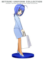 Rule 34 | 00s, 1girl, a1 (initial-g), bag, blue eyes, blue footwear, blue hair, blue suit, business suit, female focus, figure, figure stage, formal, full body, hayase mitsuki, jacket, kimi ga nozomu eien, long hair, long sleeves, matching hair/eyes, open mouth, pantyhose, pencil skirt, shopping bag, skirt, skirt suit, solo, suit, white background