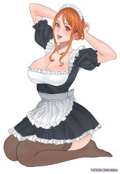 Rule 34 | 1girl, alternate costume, apron, arms behind head, arms up, black dress, breasts, brown eyes, brown thighhighs, cleavage, collarbone, commentary, dress, enmaided, frilled hairband, frilled skirt, frilled sleeves, frills, full body, hair behind ear, hairband, highres, juliet sleeves, large breasts, light blush, long hair, long sleeves, looking at viewer, maid, maid apron, maid headdress, miniskirt, nail polish, nami (one piece), one piece, open mouth, orange hair, orange nails, paid reward available, patreon username, puffy short sleeves, puffy sleeves, seiza, short sleeves, sidelocks, simple background, sitting, skirt, solo, thighhighs, uukkaa, white apron, white background