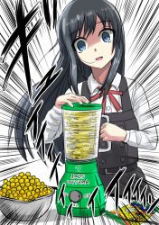 Rule 34 | 1girl, asashio (kancolle), belt, black hair, blender (object), blue eyes, candy, commentary request, cowboy shot, dress, emphasis lines, empty eyes, false smile, food, h2 (h20000000), kantai collection, long hair, long sleeves, looking at viewer, neck ribbon, pinafore dress, red ribbon, ribbon, shirt, sleeveless, sleeveless dress, smile, solo, white shirt, yandere