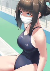 Rule 34 | 1girl, bare shoulders, blue eyes, blue one-piece swimsuit, breasts, brown hair, competition swimsuit, drain (object), gridman universe, groin, hassu, highres, jonsun, looking afar, mask, medium breasts, mouth mask, one-piece swimsuit, railing, school swimsuit, shiny clothes, sidelocks, sitting, solo, ssss.gridman, swimsuit