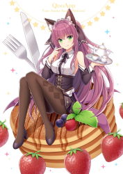 Rule 34 | 1girl, animal ear fluff, animal ears, ass, bare shoulders, black footwear, black ribbon, black skirt, blueberry, blush, breasts, brown pantyhose, cat ears, closed mouth, collared shirt, commentary request, cup, detached sleeves, food, fork, fruit, green eyes, hair ribbon, hands up, head tilt, headdress, high heels, hitsuki rei, holding, holding tray, knees up, knife, large breasts, long hair, long sleeves, looking at viewer, miniskirt, neck ribbon, original, pancake, pantyhose, purple hair, ribbon, shirt, sitting, skirt, smile, solo, sparkle, spoon, star (symbol), strawberry, syrup, teacup, teapot, tongue, tongue out, tray, two side up, underbust, v-shaped eyebrows, very long hair, white shirt