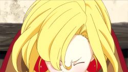 Rule 34 | 1girl, animated, animated gif, blonde hair, blue eyes, blush, earrings, embarrassed, jewelry, junketsu no maria, lowres, maria (junketsu no maria), short hair, solo