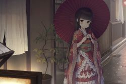 Rule 34 | 1girl, alc (ex2 lv), architecture, bad id, bad pixiv id, black hair, blunt bangs, bow, brown eyes, collarbone, dress, east asian architecture, eyebrows, floral print, frills, highres, hime cut, holding, holding umbrella, japanese clothes, lantern, long hair, looking at viewer, obi, open mouth, original, plant, potted plant, road, sash, solo, street, umbrella, wide sleeves