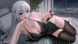 Rule 34 | absurdres, artist request, black dress, black thighhighs, breasts, building, city background, dice, dress, highres, large breasts, looking at viewer, lying, night, on bed, on side, plant, po ppe, purple eyes, skyscraper, smile, thighhighs, thighs, white hair, window